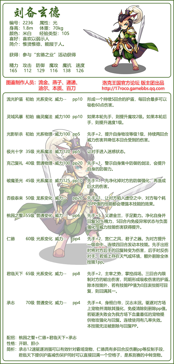 洛克王国刘备玄德技能表1